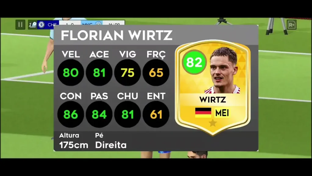 Florian Wirtz player card in football game showing stats, rating 82 overall midfielder in Dream League Soccer 2026 APK.