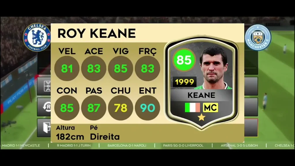 Roy Keane player card in football game showing stats, rating 85 overall midfielder.